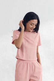 Cielcoco CLWT8104 Cooling Ribbed Cropped Short Sleeve Women Nylon Workout Top T-Shirt _CORAL PINK _ Made in Korea